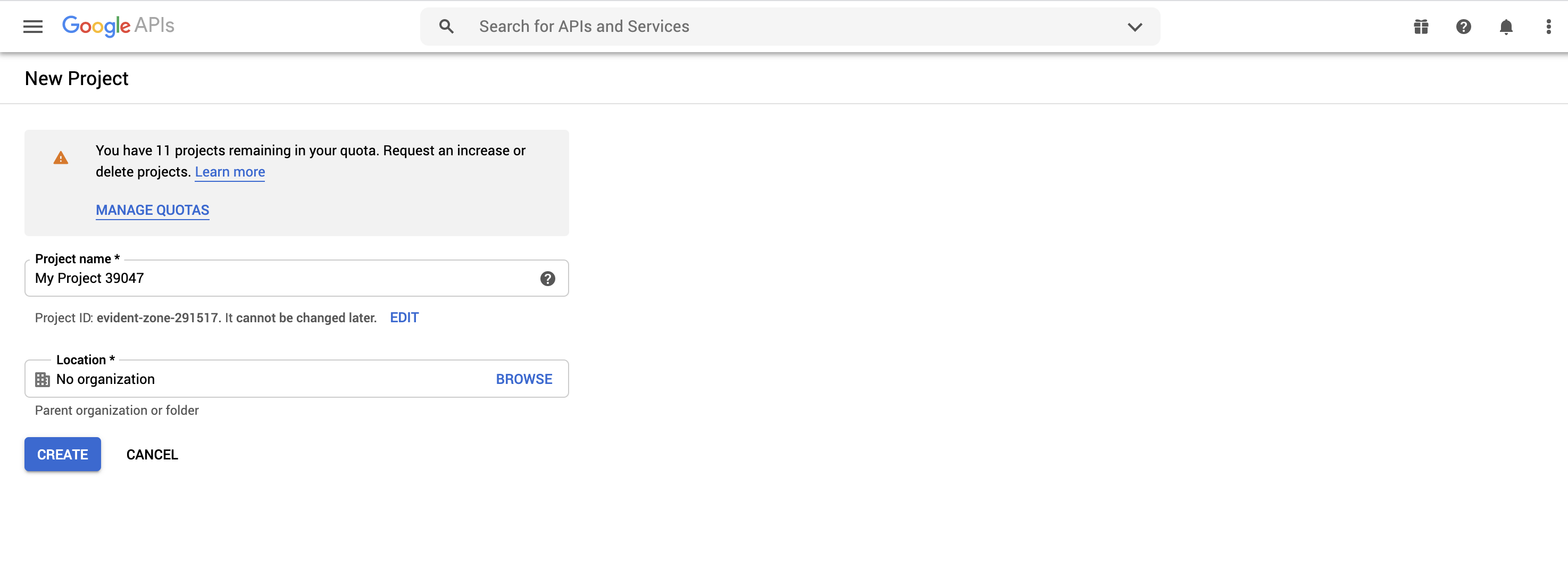 プロジェクトがまだない場合は新しいプロジェクトを作成する必要があります